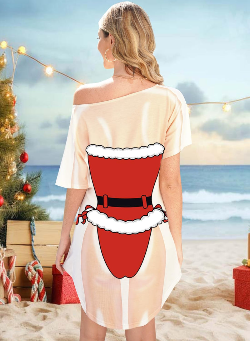 ALIREVERIE Women's Funny Bikini Shirt Cover Up Beach Pool Party Short Sleeve T-Shirt Dress Large Santa Belt