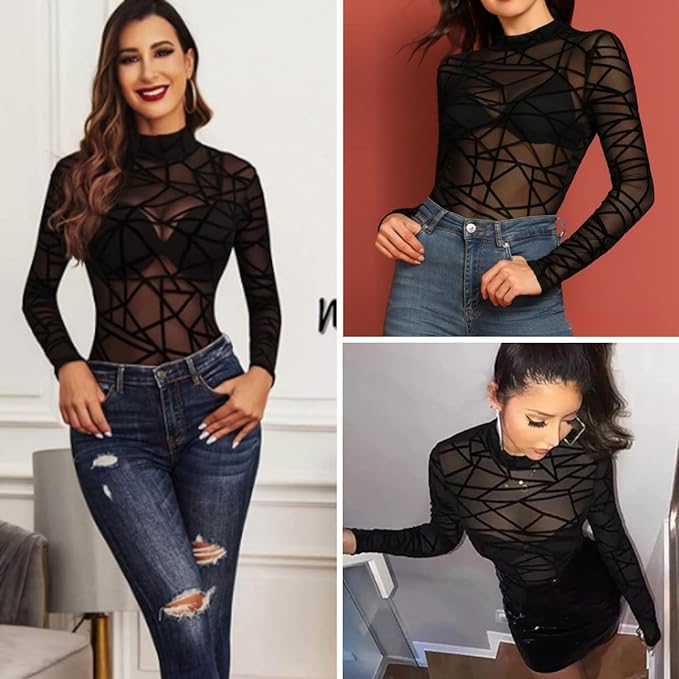 WinsGreat Women's Long Sleeve Sheer Sexy Sheer Black Bodysuit High Neck Leotard Jumpsuit All-in-One Innerwear Tops Slimming Breathable Elastic - BeesActive Australia