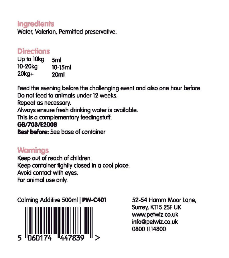 pet wiz Calming Additive for Dogs, Natural Valerian Supplement for Stressful Situations, 500ml, Made in UK.