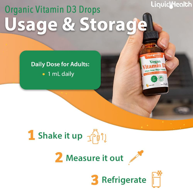 LIQUIDHEALTH Vitamin D3 4000 IU, USDA Organic Vitamin D Liquid Drops for Adults & Kids, Vegan Vitamin D for Immune System Support, Bone Health, Mood Support, Healthy Skin - Made in USA (3 Pack) 1 Fl Oz (Pack of 3)