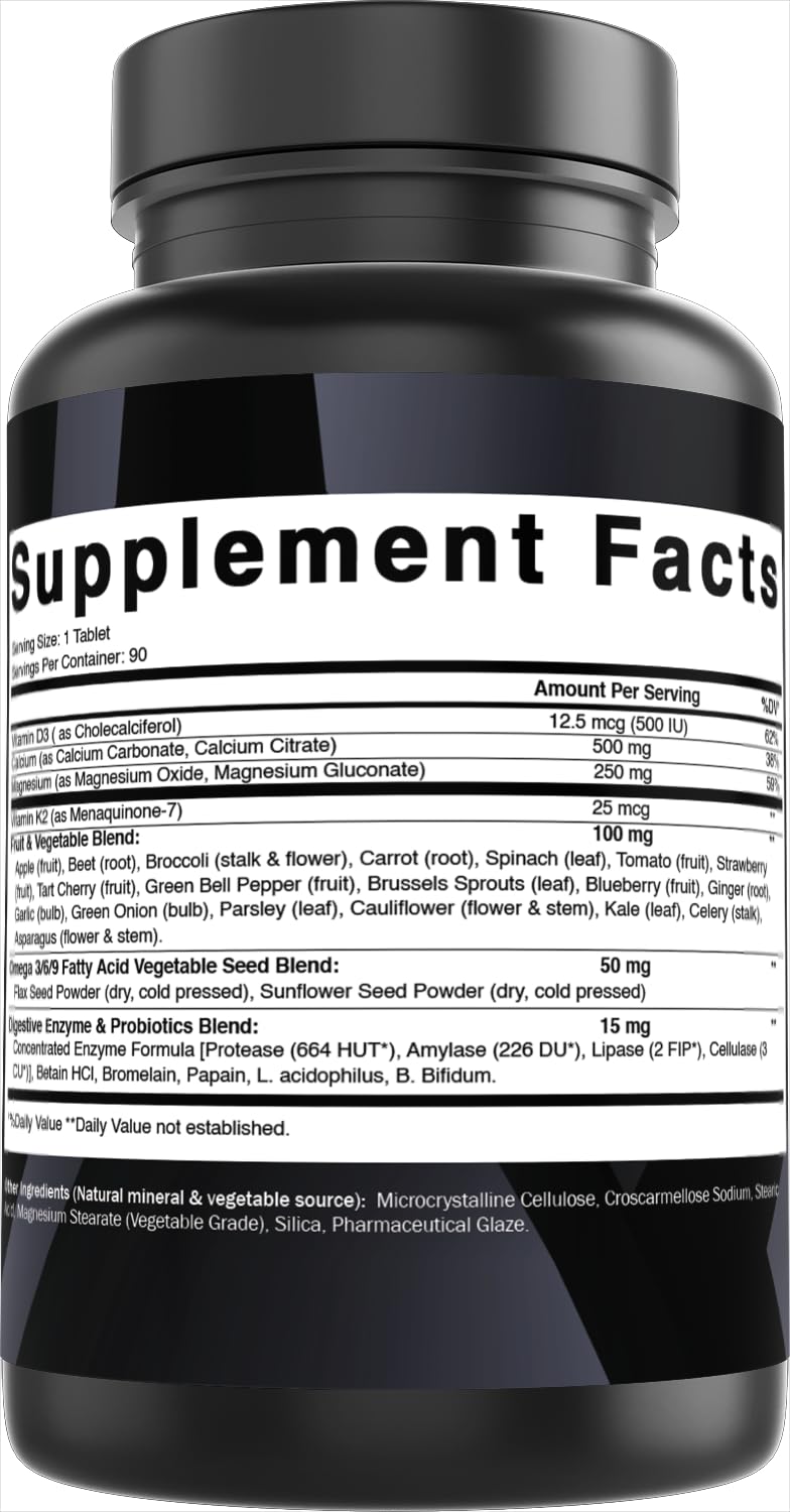Best Naturals Calcium with D3 K2 Magnesium 90 Tablets - Made with Digestive Enzyme, Probiotics, Omega Blend