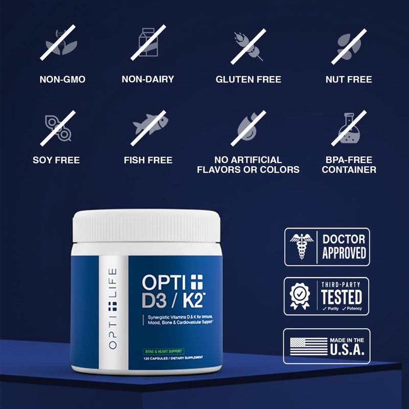 Opti+ Vitamin D3 K2 (MK-7) Supplement – Supports Bone Strength, Cardiovascular Health & Immune Function*, Vitamin D3 K2 Daily Support – 120 Capsules, 120-Day Supply