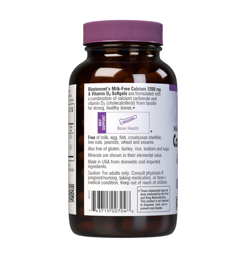 Bluebonnet Nutrition Milk-Free Calcium 1,200 mg Plus Vitamin D3 400 IU - High Potency, Maximum Absorption Strong Healthy Bones & Immune Health Support Supplement, Gluten-Free, Dairy-Free, 120 Softgels | Third-party tested for purity and potency; manufa...