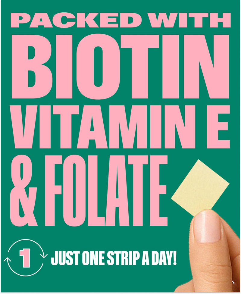 NuStrips™ Fast-Dissolving Beauty Strips with Biotin, Folate & Vitamin E – Hair, Skin & Nails Supplement – Supports Hair Growth & Reduces Hair Fall – Non-GMO, Vegan – Delicious Strawberry (30 Strips)