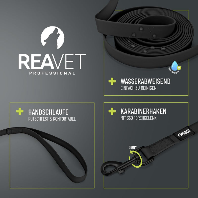 ReaVET drag leash for dogs, 10 meters, black, robust and waterproof dog leash, long, training leash with padded handle, training leash, running leash for large and small dogs