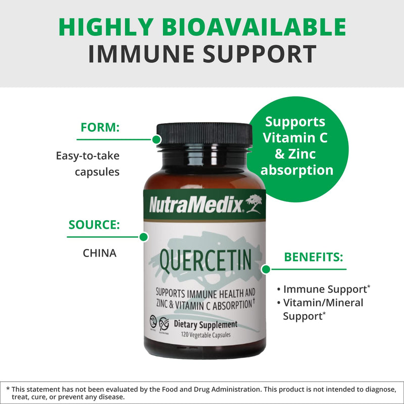 NutraMedix Quercetin - Quercetin 500mg Capsules - Antioxidant & Immune Support Supplement for Heart Health - Aids in Zinc & Vitamin C Absorption (120 Vegetarian Capsules)