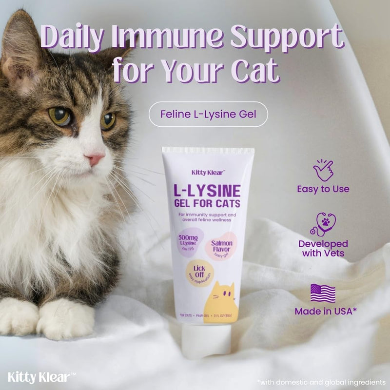 L-Lysine Gel for Cats - 500mg Cat Vitamins Supplement for Immune, Respiratory & Eye Support - Salmon Flavor, Easy Paw Application Gel