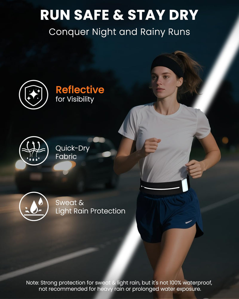 Running Belt with Water Bottle & Headband, No-Bounce Hydration Belt Adjustable Reflective Waterproof Fanny Pack for Women & Men, Fits All Phones (M-Black) Medium Black