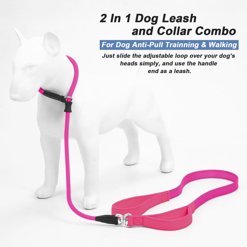 Slip Lead Dog Leash with Double Handle, Reflective Dog Training Leash [360° Swivel Anti-tangle] Heavy Duty Nylon Slip Leash and Collar for Large Medium Small Dogs No Pull Walking 5FT Hot Pink - BeesActive Australia