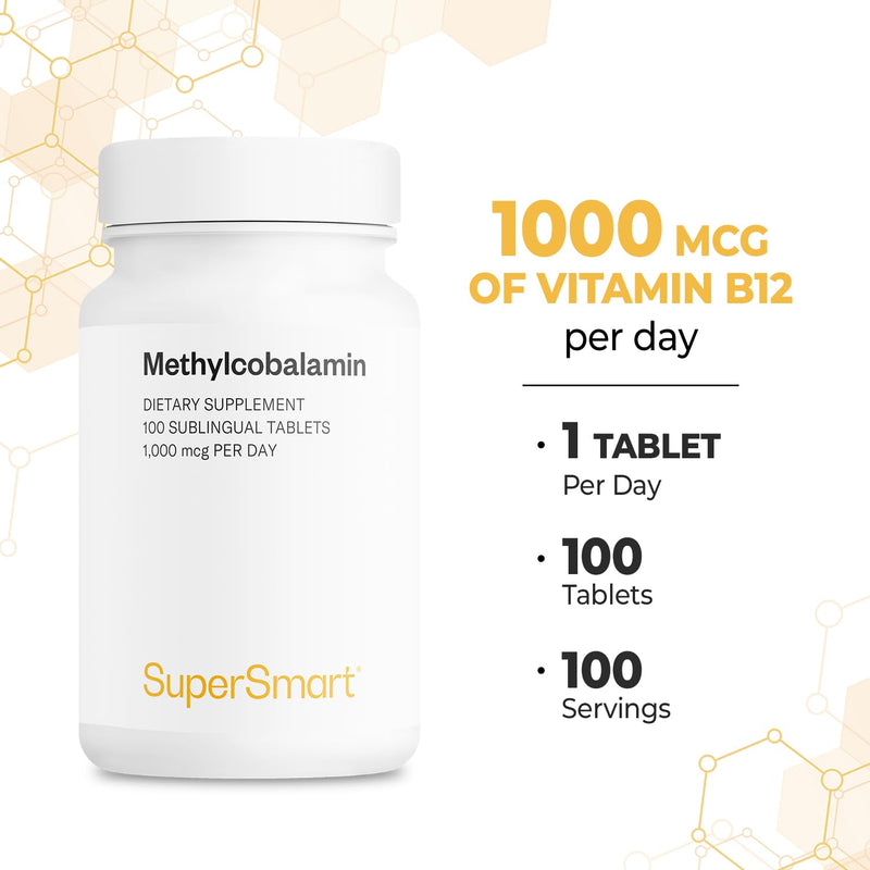 Supersmart - Methylcobalamine B12 1000mcg / 1mg per Day (Effective Dosage) - Sublingual Methylcobalamine - Peppermint Flavor - Vitamin B12 Supplement | Non-GMO & Gluten Free - 100 Sublingual Tablets
