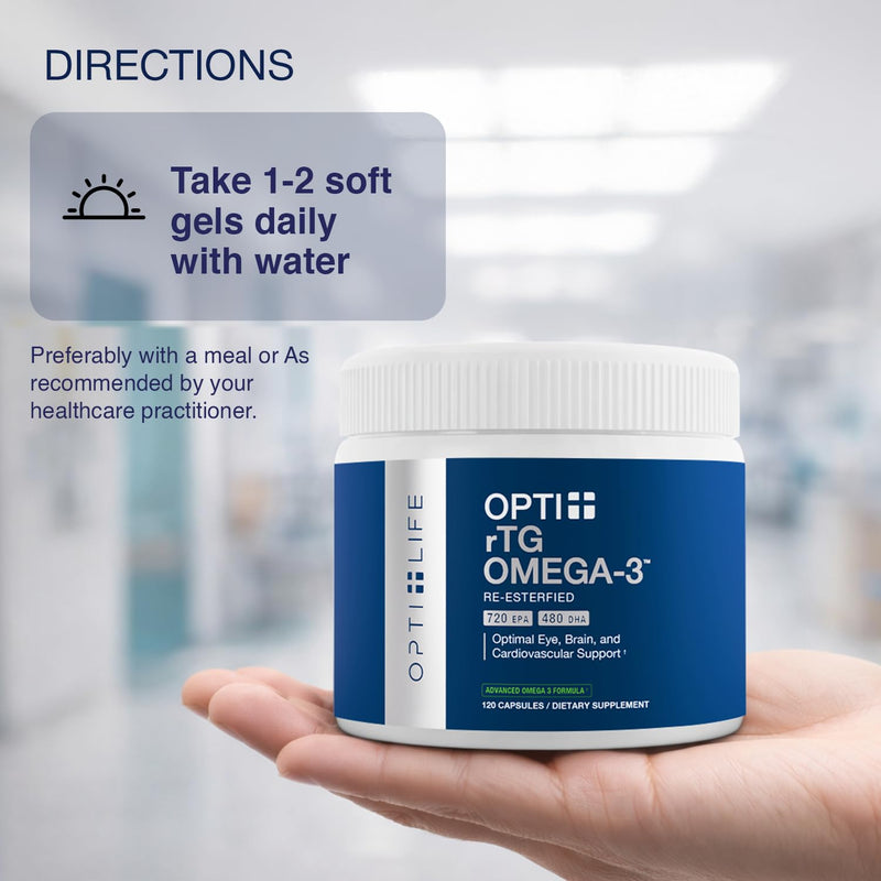 Opti + Omega 3 Fish Oil | EPA DHA, Heart Brain Joint Support* | Doctor Formulated | Daily Use Omega 3 DHA EPA | Burpless Softgels | 120 Softgels/ 60 Servings