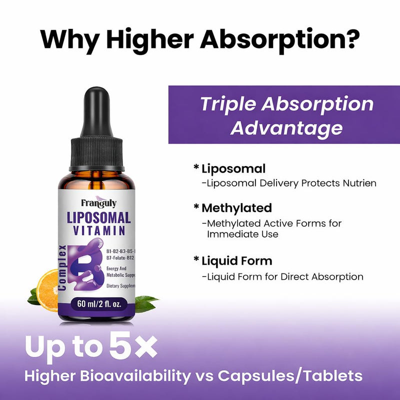 Liposomal Vitamin B Complex Liquid Sublingual B Complex Vitamins Supplement for Women Men Improved Absorption Methylated B12,B1, B2, B3, B5, B6,Folate,Biotin for Energy And Immune Support-4.0 oz 2 Fl Oz (Pack of 2)
