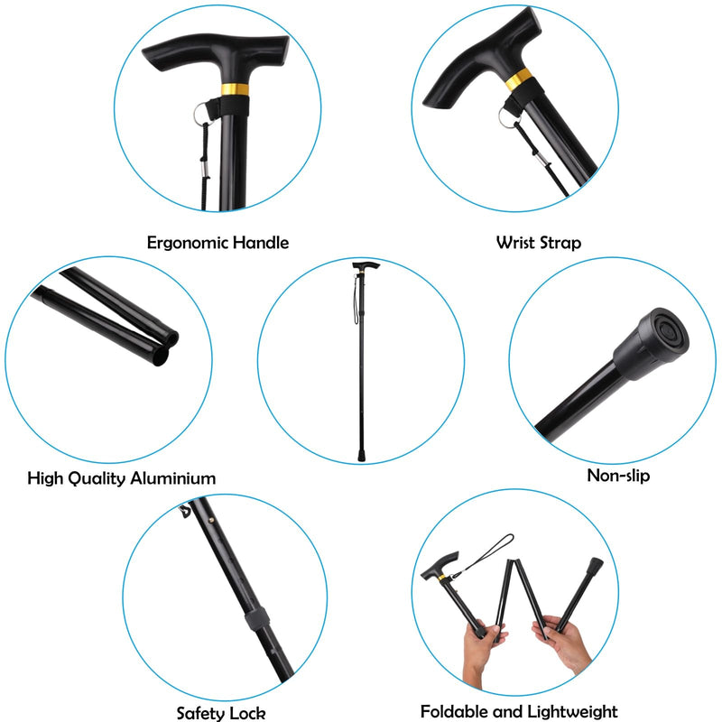Folding Lightweight Walking Stick - Adjustable Aluminum Metal Collapsible Travel Cane with Non-Slip Rubber Base Black