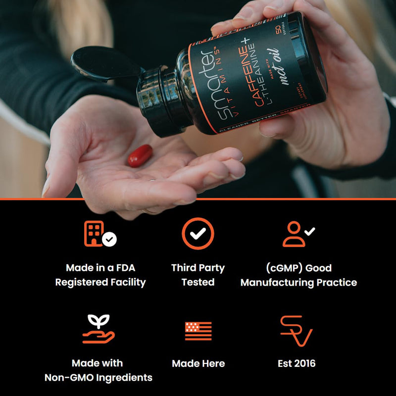 SmarterVitamins 200mg Caffeine Pills - MCT Oil from 100% Coconuts + 100mg L-Theanine, Energy and Focus, Extended Release Capsule, 50 Liquid Softgels - BeesActive Australia