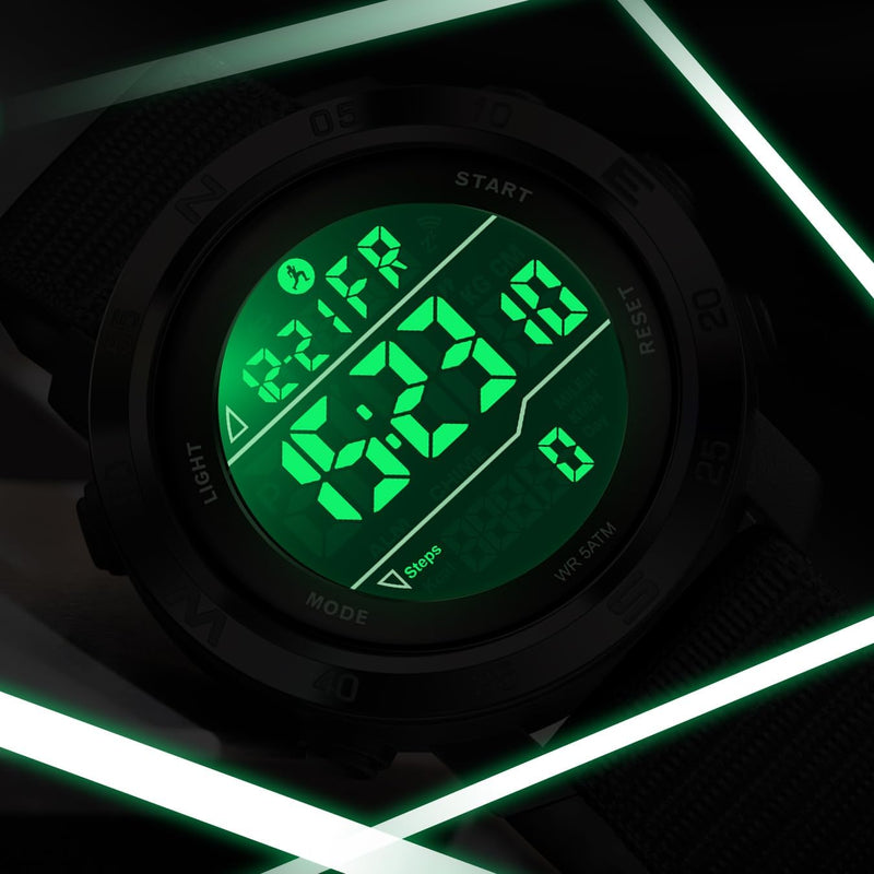 findtime Mens Digital Sport Watch Pedometer Step Counter Watches Military Minimalist Waterproof Tactical Outdoor Army Wrist Watch Dual Time Led Countdown Stopwatch Alarms Nylon Strap, No App Green