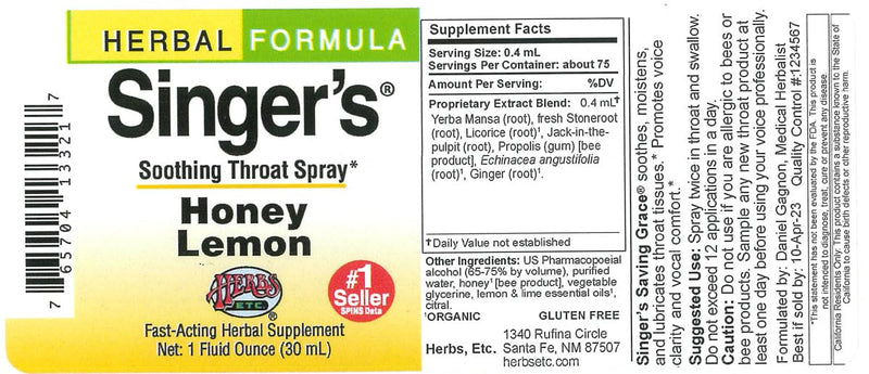 Herbs Etc. Singer's Saving Grace Honey Lemon ‚Äì Herbal Remedy for Throat Comfort ‚Äì Soothing, Hydrating Support with Licorice ‚Äì Alcohol-Based ‚Äì 1 fl oz (75 Servings) - BeesActive Australia
