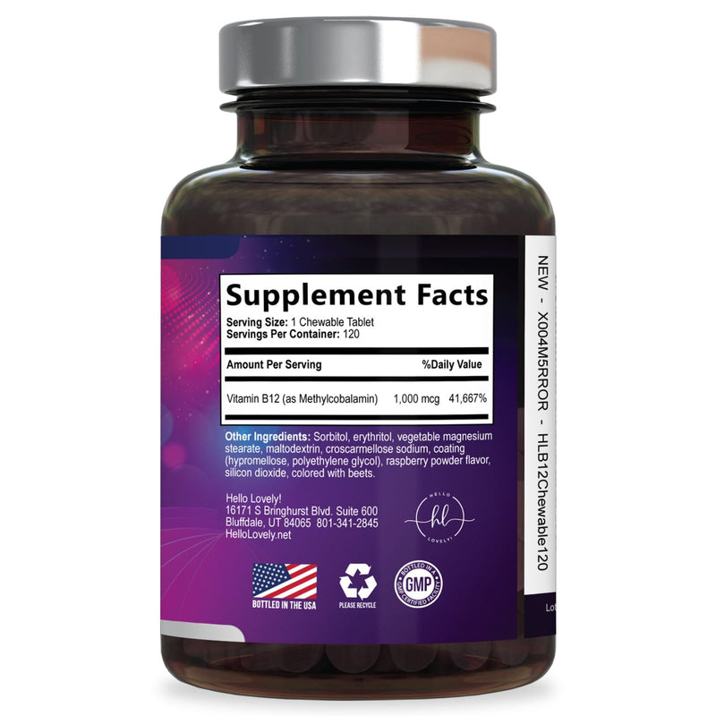Vitamin B12 1000 mcg per Serving Chewables - B12 Complex with Heart & Nerve Energy Health Support - Vitamin B-12 Complex with Immune Health Support - Fast Dissolve, Bottled in USA - 120 Chewables 120 Count (Pack of 1)
