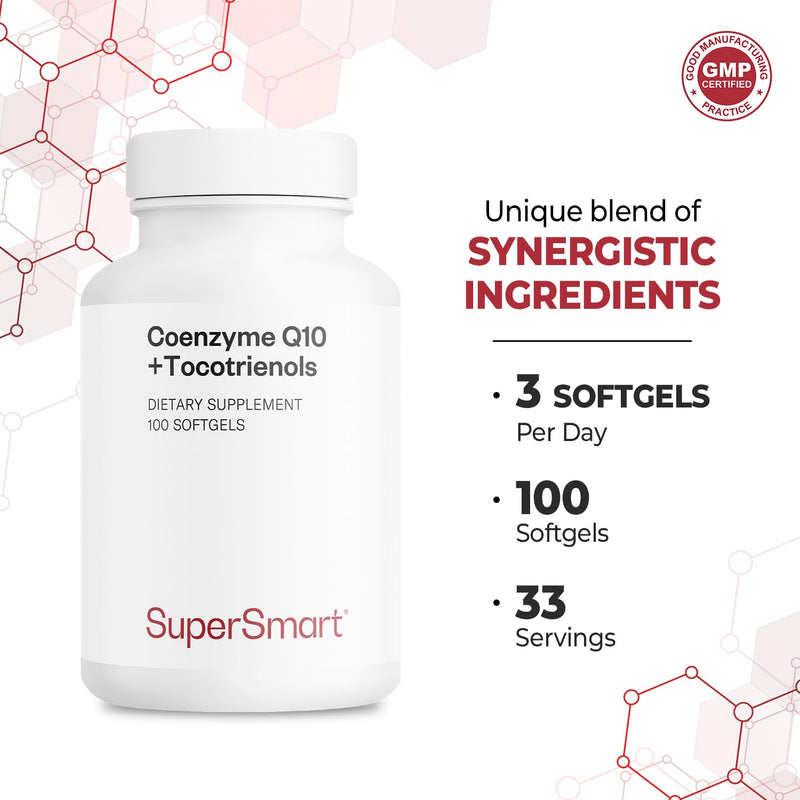 Supersmart - Coenzyme Q10 + Tocotrienols 300mg per Day (Patented & Bioavailable) - CoQ10 Supplement with Tocotrienols - Palm Oil Extract | Non-GMO & Gluten Free - 100 Softgels