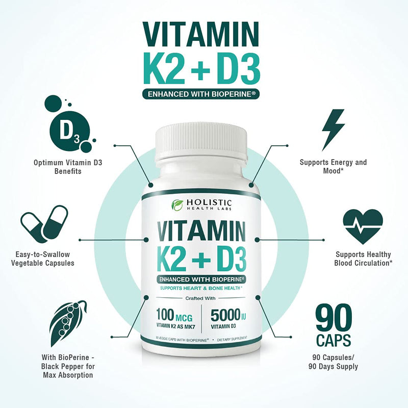 Max Absorption Vitamin K2 + D3 (5000IU) 90 Veggie Capsules From MK-7 (Menaquinone-7) and Cholecalciferol (With BioPerine) 3-Months Supply – D3 with K2 For Healthy Heart and Strong Bones | Non-GMO