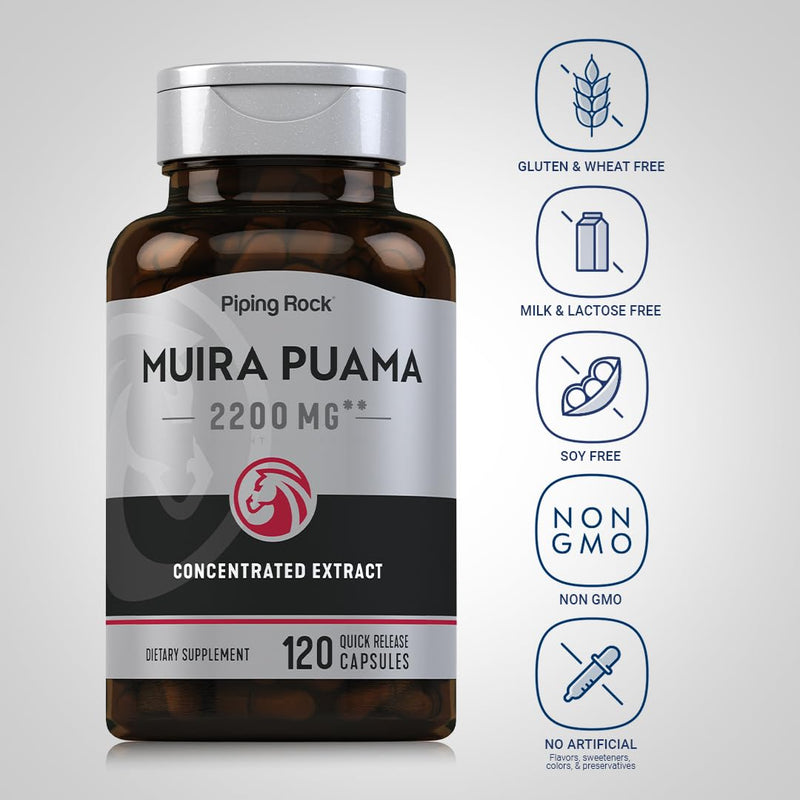 Piping Rock Muira Puama Root Extract 2200 mg | 120 Capsules | for Men & Women | Non GMO, Gluten Free Supplement - BeesActive Australia