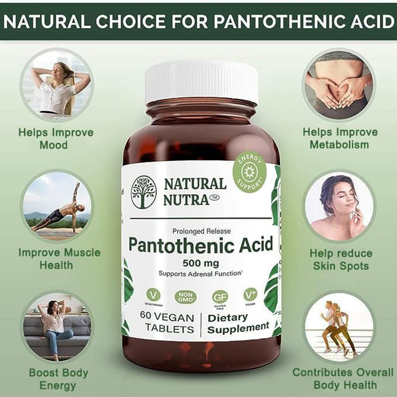 Natural Nutra Time Release Pantothenic Acid 500 mg, 60 Vegan Tablets (2pk) | Vitamin B5 Supplement Helps Break Down Fat & Carbohydrates, Metabolism & Energy, Improve Muscle Health, Reduce Skin Spots 60 Count (Pack of 2)