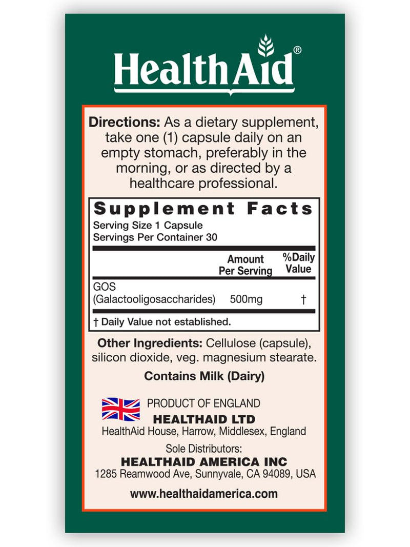 HealthAid GOSPrebio, Prebiotic Fiber, Once Daily, 30ct, Helps Proliferation of Beneficial Bacteria in the Gut, Galactooligosaccharides
