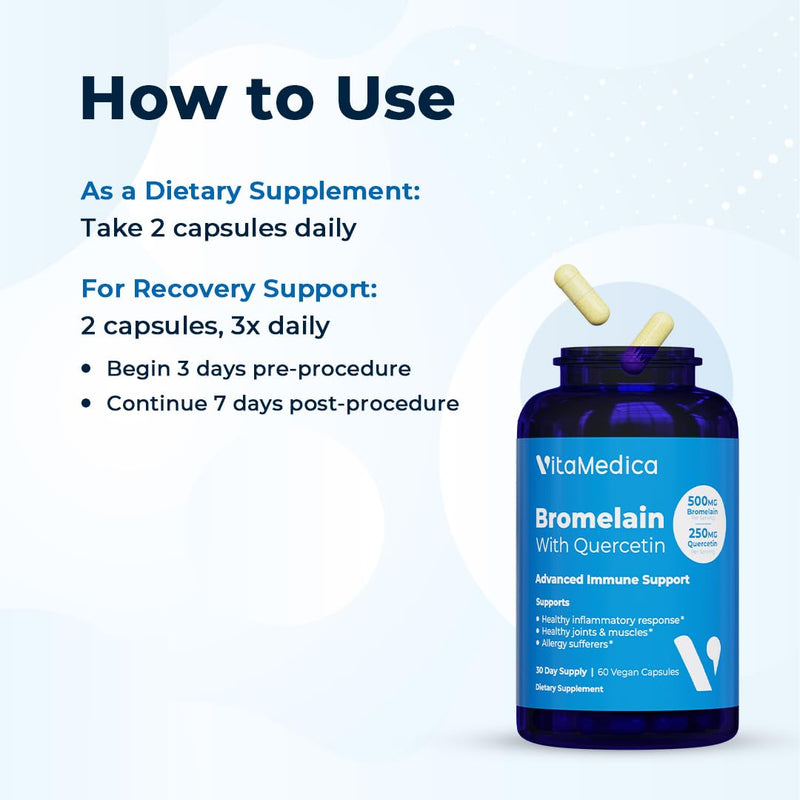 VitaMedica Bromelain & Quercetin Supplement - 500mg Bromelain 250mg Quercetin - 2400 GDU for Immunity, Joint Support, Inflammation and Muscle Recovery - 60 Vegan Capsules - 30 Servings (2 Pack) 60 Count (Pack of 2)