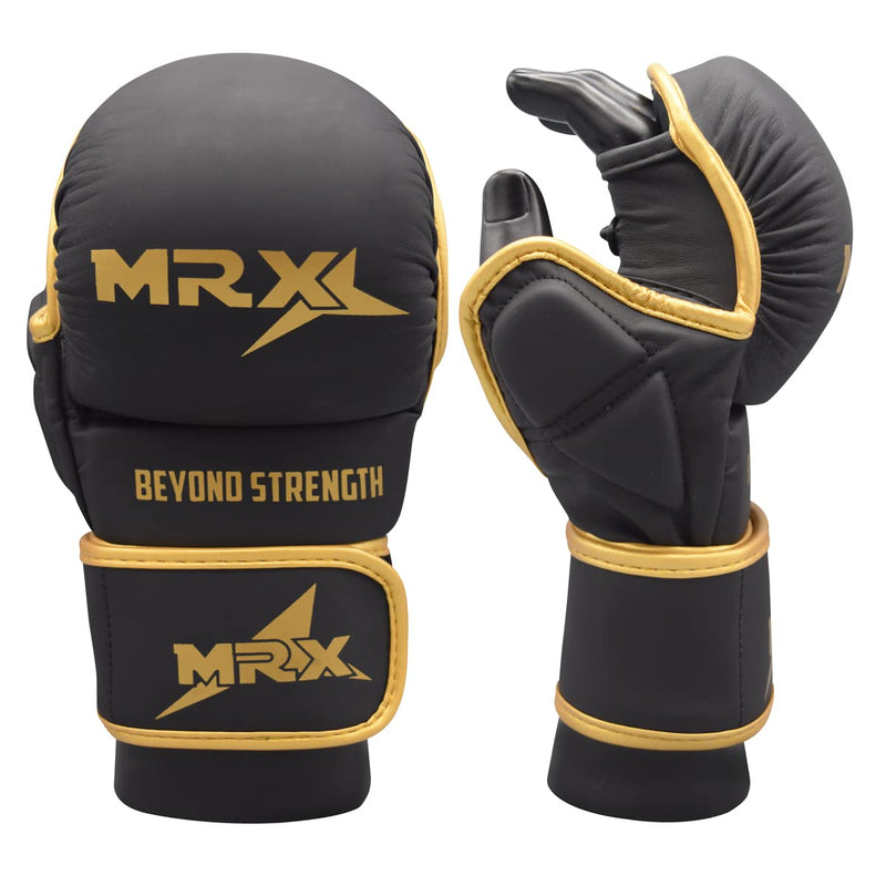 MRX MMA Professional Protective Grappling Gloves 7oz Muay Thai Training Kickboxing Punching Sparring Sports Cage Fighting Combat Glove Boxing Punching Glove Mitts Black Golden S/M