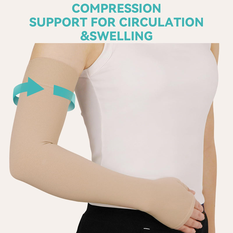 Lymphedema Compression Arm Sleeves for Women Men 20-30 mmHg, Single Medium Beige(Single)