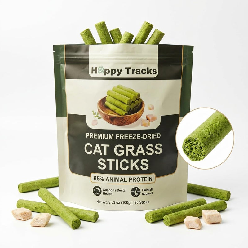 Happy Tracks Cat Grass Sticks for Cats — Freeze-Dried Chicken & Barley Grass | High Protein Grain-Free Cat Snack | Hairball Control & Dental Support | 3.53oz / 20 Sticks