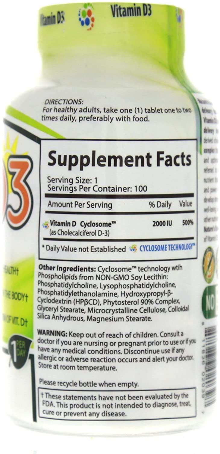 NATURE'S ESSENTIALS Vitamin D3 2000 IU, 100 Tablets | Supports Bone Health, Promotes Muscle Function, Advanced Cyclosome Delivery, Vegetarian