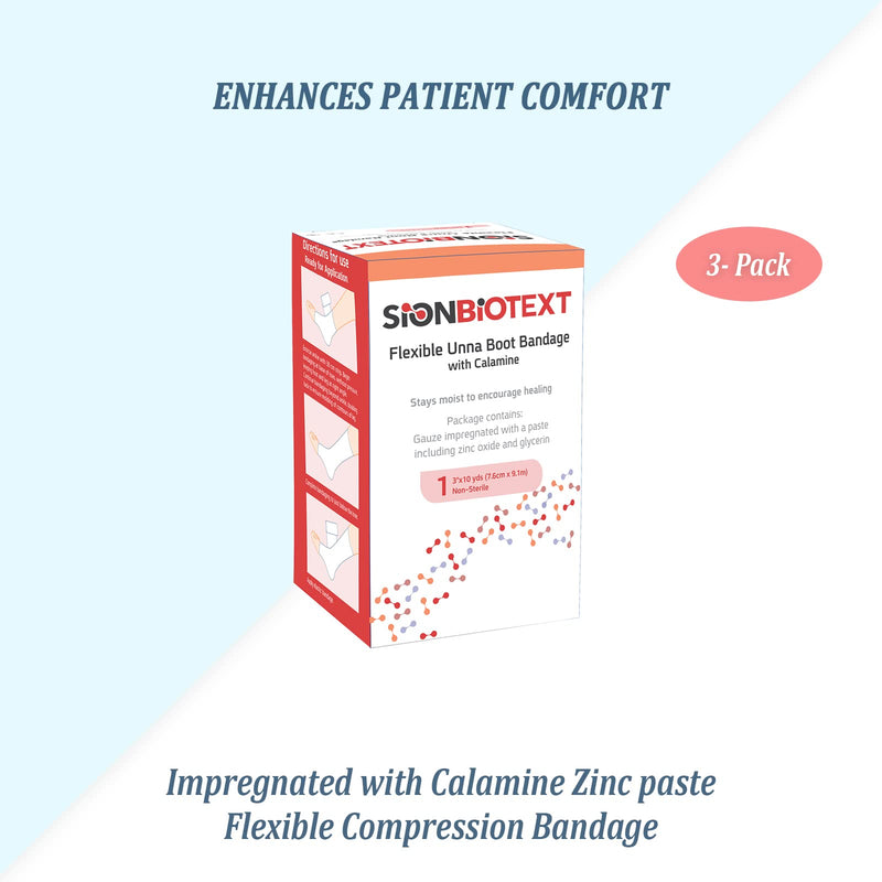 Unna Boot with Zinc and Calamine – 3” x 10 Yards Flexible Compression Bandage – Moist Healing Environment – Ideal for Venous Leg Ulcers, Lymphedema, Sprains, and Skin Grafts – Pack of 3 3" Zinc and Calamine