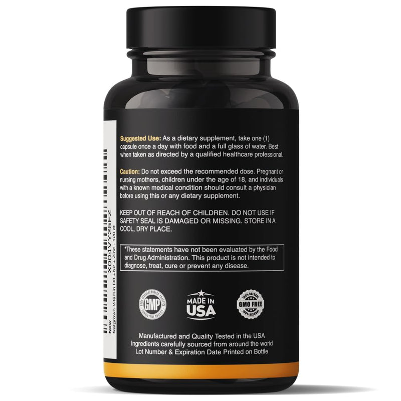Natgrown Vitamin D3 K2 with Zinc - D3 5000 IU & K2 MK7 100 mcg - 120 Ct | Plant Based Supplement for Bone and Immune Support, Vegan, Gluten-Free
