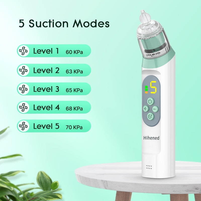 Electric Nasal Aspirator for Baby, Nose Aspirator for Toddlers, Waterproof Baby Nose Sucker, Nose Cleaner with 3 Silicone Tips, Adjustable Suction Level, Music and Light Soothing Function,Green Green