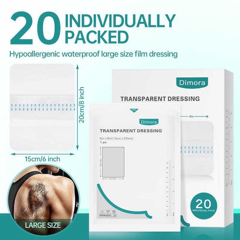 Dimora Transparent Film Dressing 6x8 inch 20 Packs with Hypoallergenic Adhesive, Large Waterproof Wound Bandages Post Surgical for Swimming, Tattoo Aftercare Bandage, IV Shield 6"x 8" - BeesActive Australia