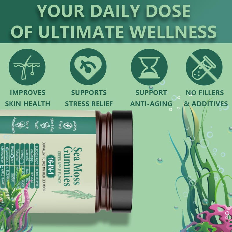 Sea Moss Gummies 16-in-1 with Black Seed Oil, Ashwagandha, 30 Servings, Irish Seamoss Gummies Boosts Immune Support, Wellness and Digestion