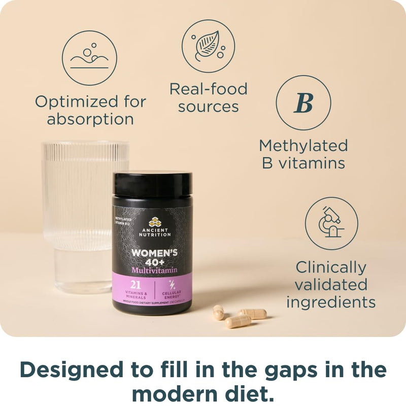 Ancient Nutrition Methylated Multivitamin for Women 40+ | Multi Vitamin & Immune Support with Vitamin D, C, Magnesium, Methylated Vitamin B, Stress, Sleep Support, Bone Health, 90 Ct Women's 90 count