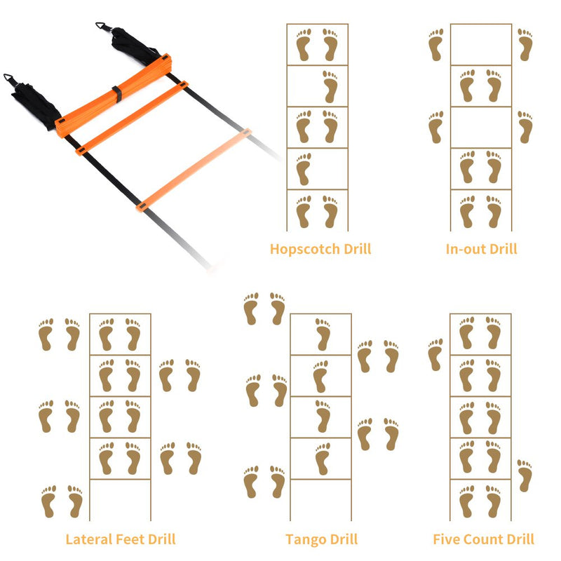 YISSVIC Agility Ladder and Cones 20 Feet 12 Adjustable Rungs Fitness Speed Training Equipment,1 Carry Bags, 10 Cones, 4 Stakes, Basketball, Soccer 20 feet Orange - BeesActive Australia