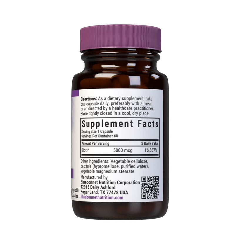Bluebonnet Nutrition Biotin 5000 mcg, Hair & Nail Support*, Non-GMO, Vegan, Kosher Certified, Gluten-Free, Soy-Free, Dairy-Free, 60 Vegetable Capsules, 60 Servings | Third-party tested for purity and potency; manufactured in the USA Unflavored