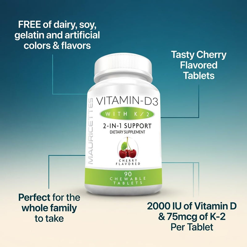 Mauricettes Chewable Vitamin D3 + K2 (MK-7) — No Pills to Swallow — Cherry Flavor Bone, Heart & Immune Support — 2,000 IU, 90 Chewable Tablets for the Whole Family
