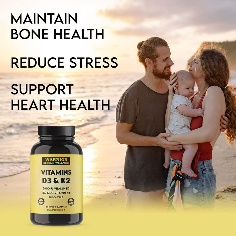 Vitamin D3 and K2 Supplement, 60 Capsules | 5000IU Vitamin D3, 180MCG Vitamin K2, Immune, Heart Health, 2 Month-Supply, Veggie Capsules
