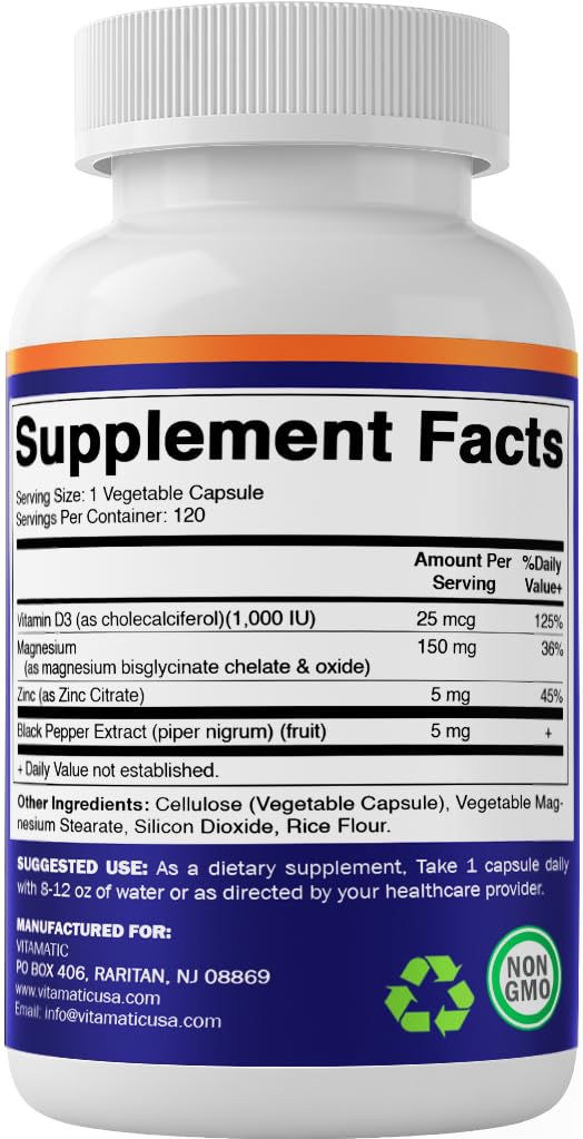 Vitamatic Magnesium (from Bisglycinate & Oxide) with Vitamin D3 & Zinc - 120 Veg Capsules - Supports Muscle, Joint, Nerve & Heart Health – Non-GMO, Gluten-Free - 2 Pack