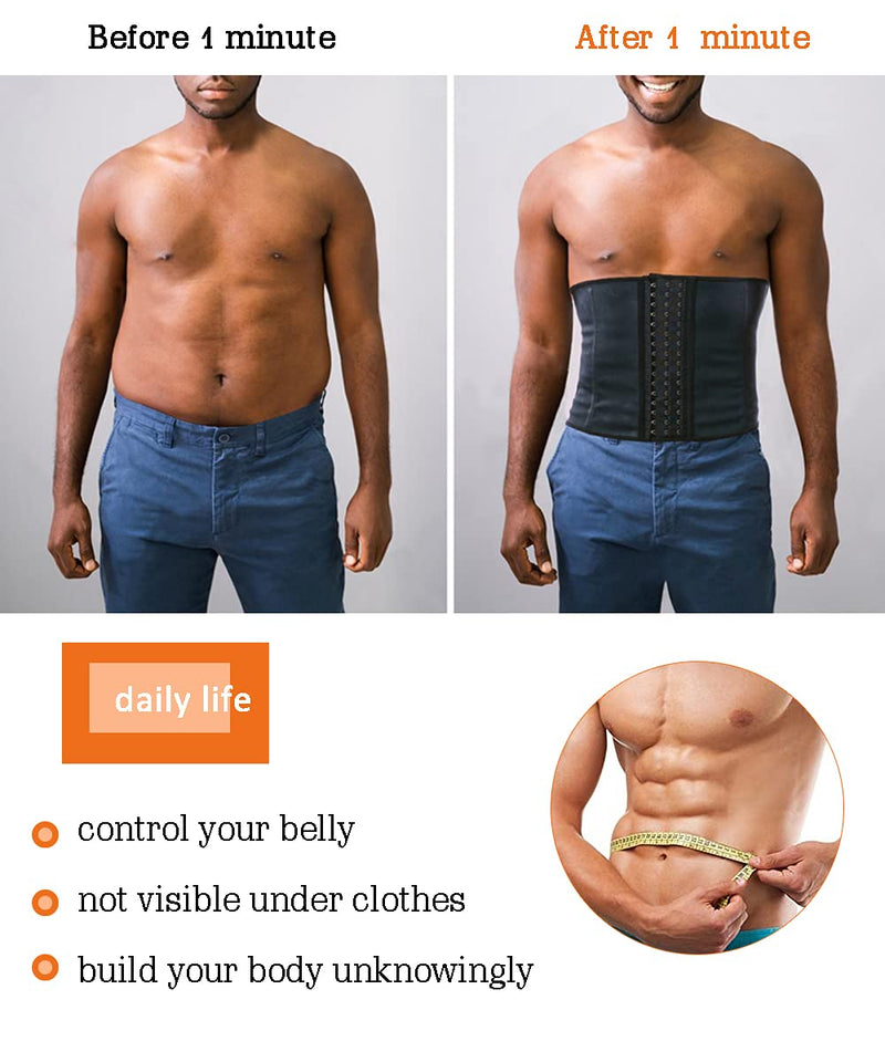 GainKee 100% Latex Men Waist Trainer Corsets With Steel Bone Sweat Belt Sauna Suit For Fitness Body Shaper Black X-Small