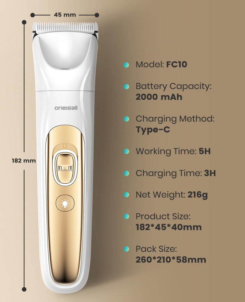 oneisall Quiet Dog Grooming Kit 4 in 1, LED Light Dog Nail Grinder, 2000mAh Pet Grooming Clippers Paw Trimmer for Paw, Nail, Face, Ears, Legs, Body with Storage Bag Gold - BeesActive Australia