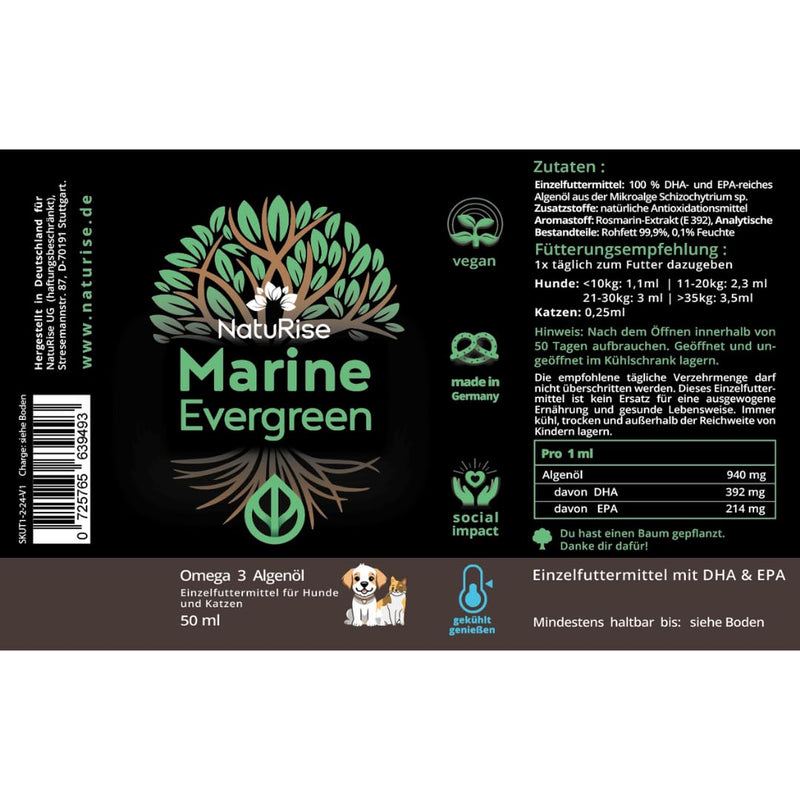 NatuRise® Omega 3 Vegan - Pets - Dogs, Cats, Horses - 100% algae oil - 100% algae flavor - 1822mg DHA & EPA - 100 ml - Laboratory tested - Triglyceride form - Pipette with dosing scale - UV glass - BeesActive Australia