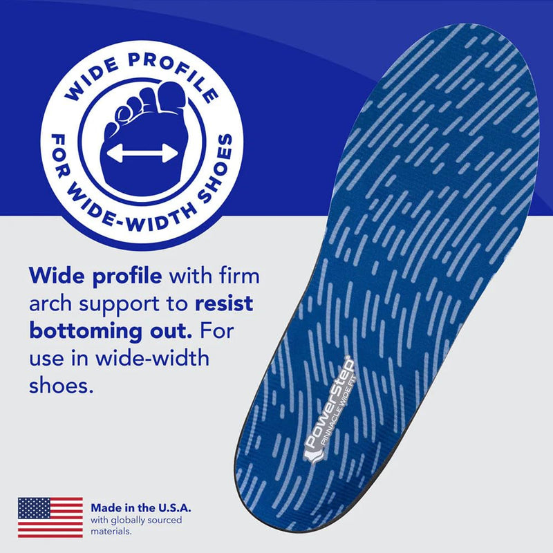 PowerStep Wide Fit Orthotics Insoles, Wide Feet Arch Support, Plantar Fasciitis Relief, Mild Pronation, Orthotics That Supports Ankle & Knee Pain for Men and Women, Made in The USA Blue/Gray Men's 10-10.5 / Women's 12