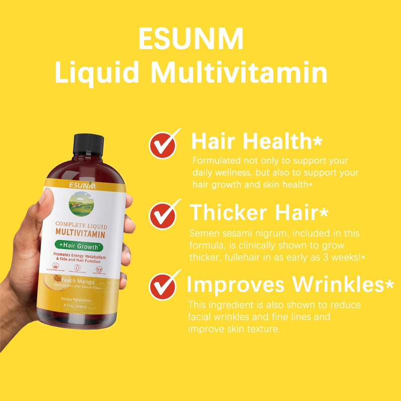 ESUNM Complete Liquid Multivitamin + Hair Growth, Promotes Energy Metabolism& Skin and Hair Function| Vitamin C D | B Vitamins | Help to Thicker Hair, Wrinkles, Fine Lines, Skin Care 8.11 Fl Oz (Pack of 1)