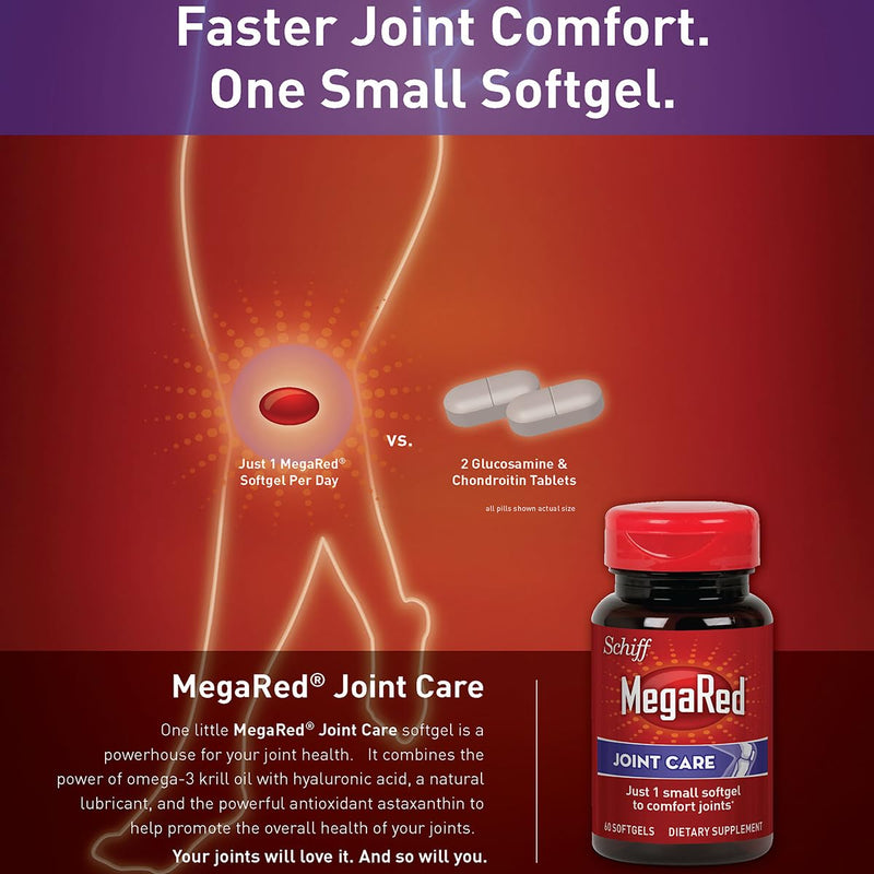 MegaRed 353mg Omega-3 Krill Oil Joint Care Supplement with EPA/DHA Fatty Acids, Antioxidants, Hyaluronic Acid, No Fishy Burp Aftertaste as with Fish Oil, 60 Count Softgels