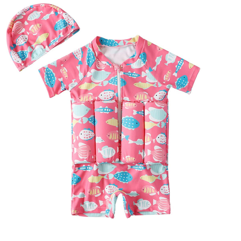 Baby Toddler Girls Boys Float Suit One Piece Rashguard Cartoon Short Sleeve Zip up Buoyancy Swimsuit +Cap 2-3T Pink