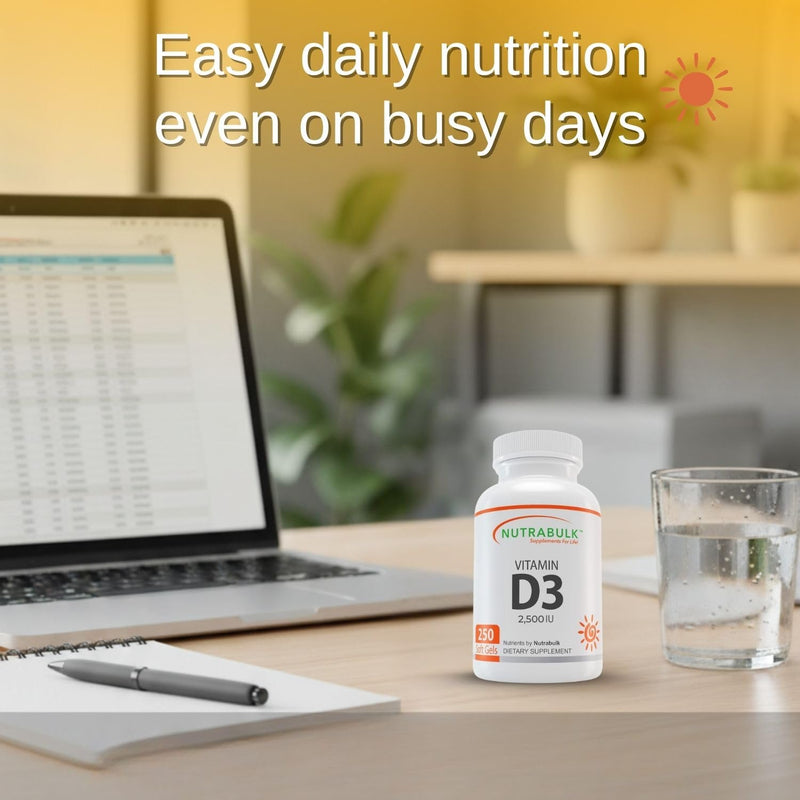 NutraBulk Vitamin D3 2500 IU Softgels - 250 Count - High-Potency Daily Supplement - Non-GMO, Gluten-Free - Made in USA 1 Count (Pack of 250)